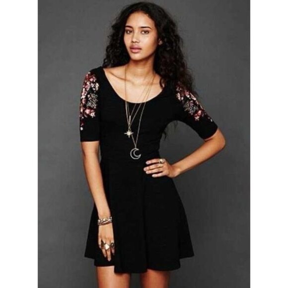 Free People Embroidered Garden Sleeve Black Fit & Flare Skater Mini Dress - Picture 8 of 16